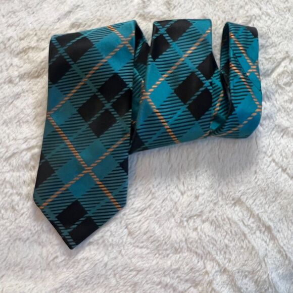 Kenneth Cole Reaction Men's Teal Orange Black Plaid Slim Silk Neck Tie 59 x 3.5 - Picture 6 of 9
